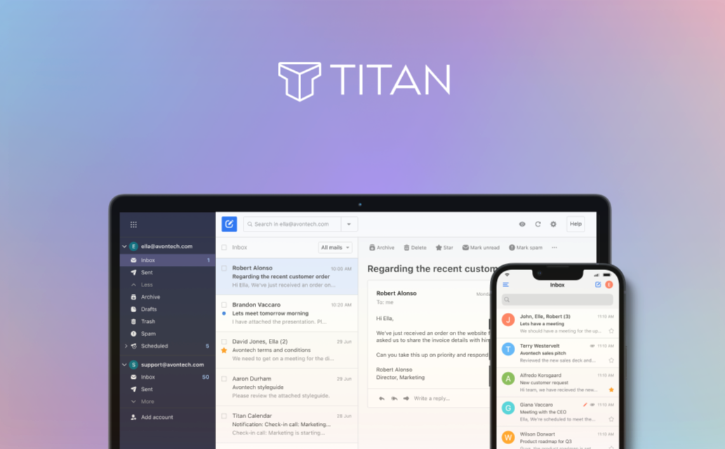 Laptop and mobile phone displaying Titan Email interface